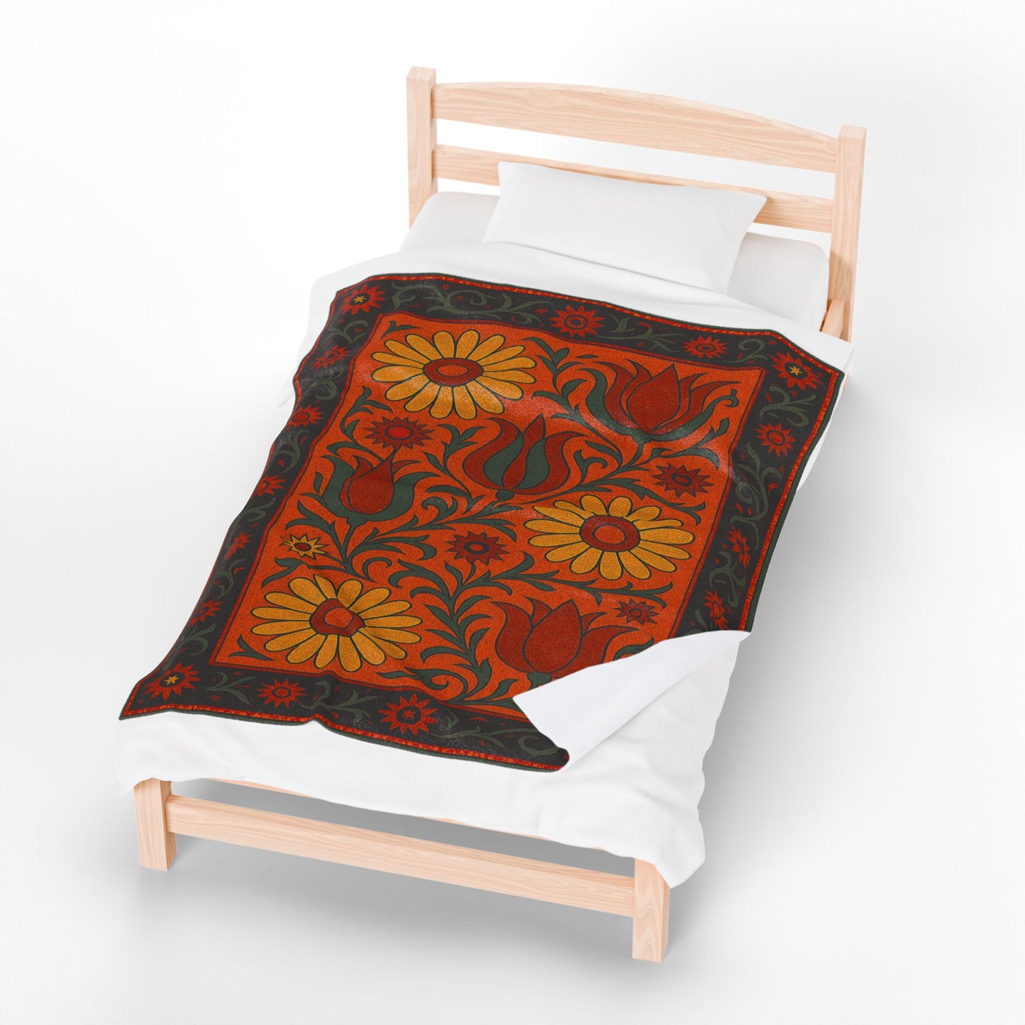 Floral Velveteen Plush Blanket With Yellow Daisies and Hot Red Tulips - Cosy Home Décor for Relaxation