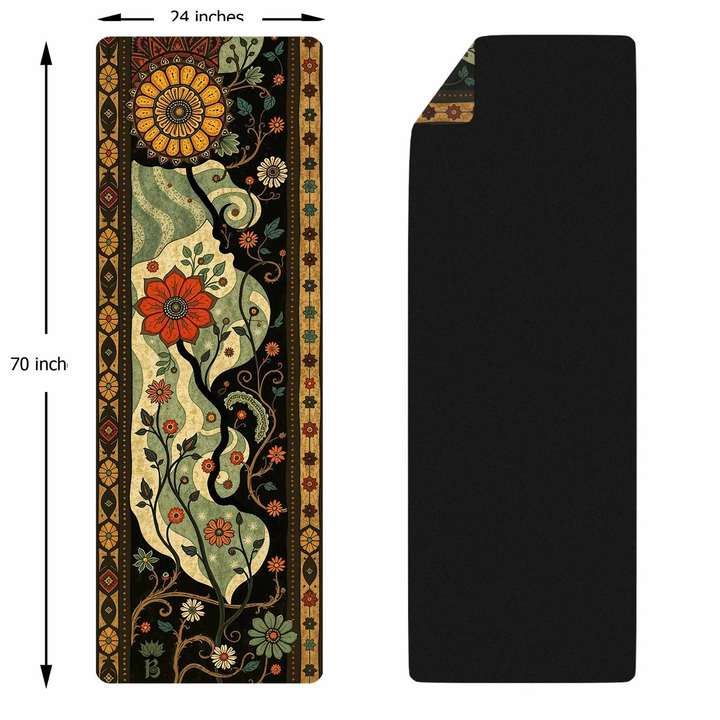 Secret Gardens 3 - Floral Yoga Mat for Mindful Practice with Orange & Red Flowers Green Leafy Vines - Non-Slip Eco-Friendly Natural Rubber