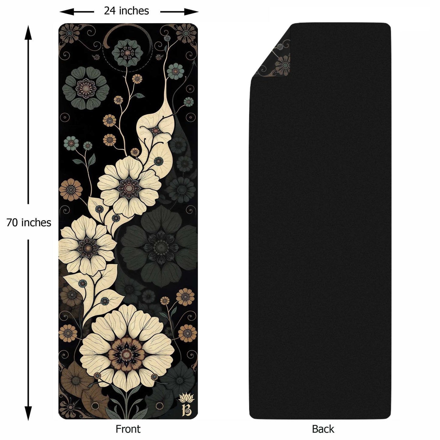 Secret Gardens 6 - Floral Yoga Mat for Mindful Practice White Flowers on a Black Background - Non-Slip Eco-Friendly Natural Rubber