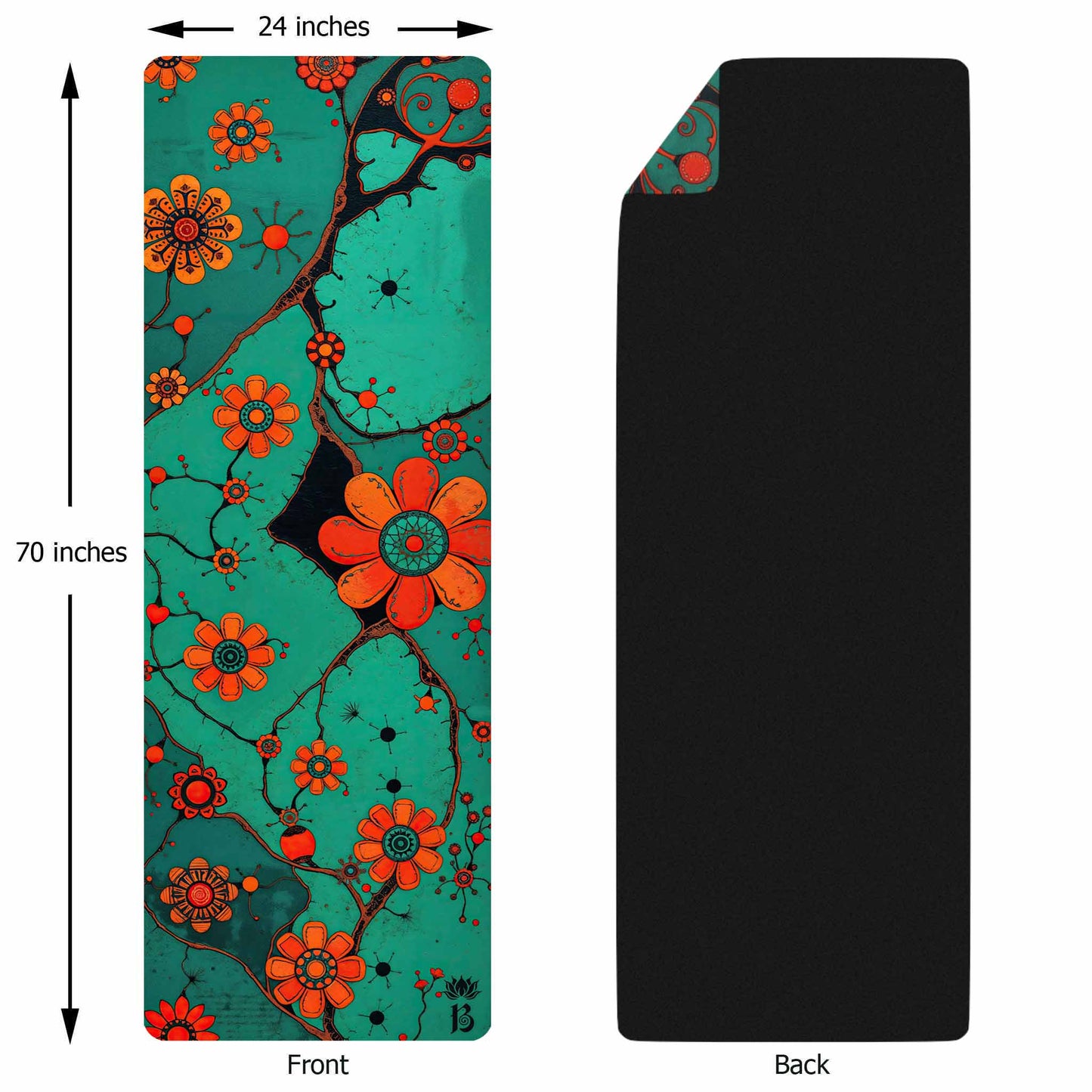 Secret Gardens 8 - Floral Yoga Mat for Mindful Practice With Orange Flowers on a Turquoise Background - Non-Slip Eco-Friendly Natural Rubber