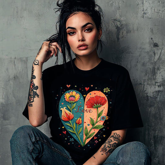 Boho Flower Heart T-Shirt - Bodulah Boxy Oversized Tee - Romantic Floral Art Shirt for Free Spirits & Nature Lovers