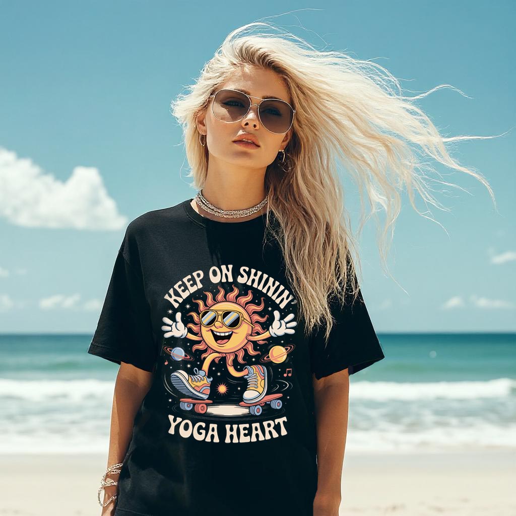 Keep On Shinin’ Yoga Heart Oversized T-Shirt – Retro Sun Skateboard Graphic, Unisex Boxy Tee