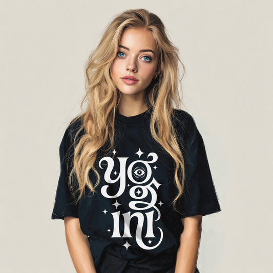 Yogini yoga t-shirt with third-eye design in ethical cotton