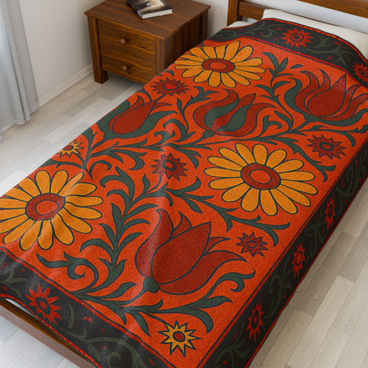 Floral Velveteen Plush Blanket With Yellow Daisies and Hot Red Tulips - Cosy Home Décor for Relaxation