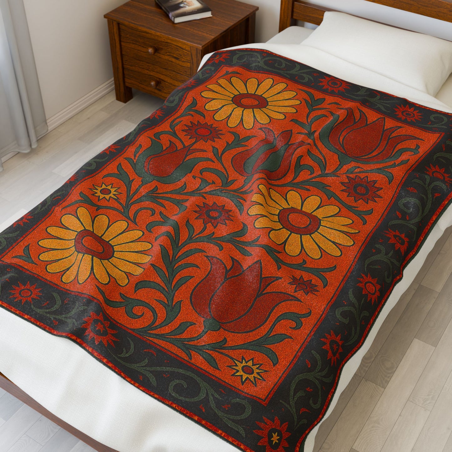 Floral Velveteen Plush Blanket With Yellow Daisies and Hot Red Tulips - Cosy Home Décor for Relaxation