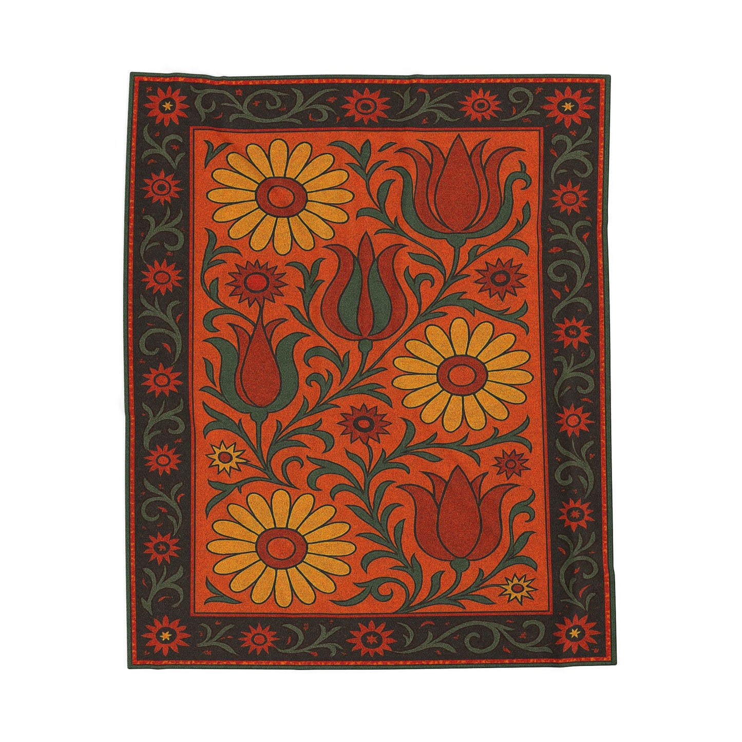 Floral Velveteen Plush Blanket With Yellow Daisies and Hot Red Tulips - Cosy Home Décor for Relaxation