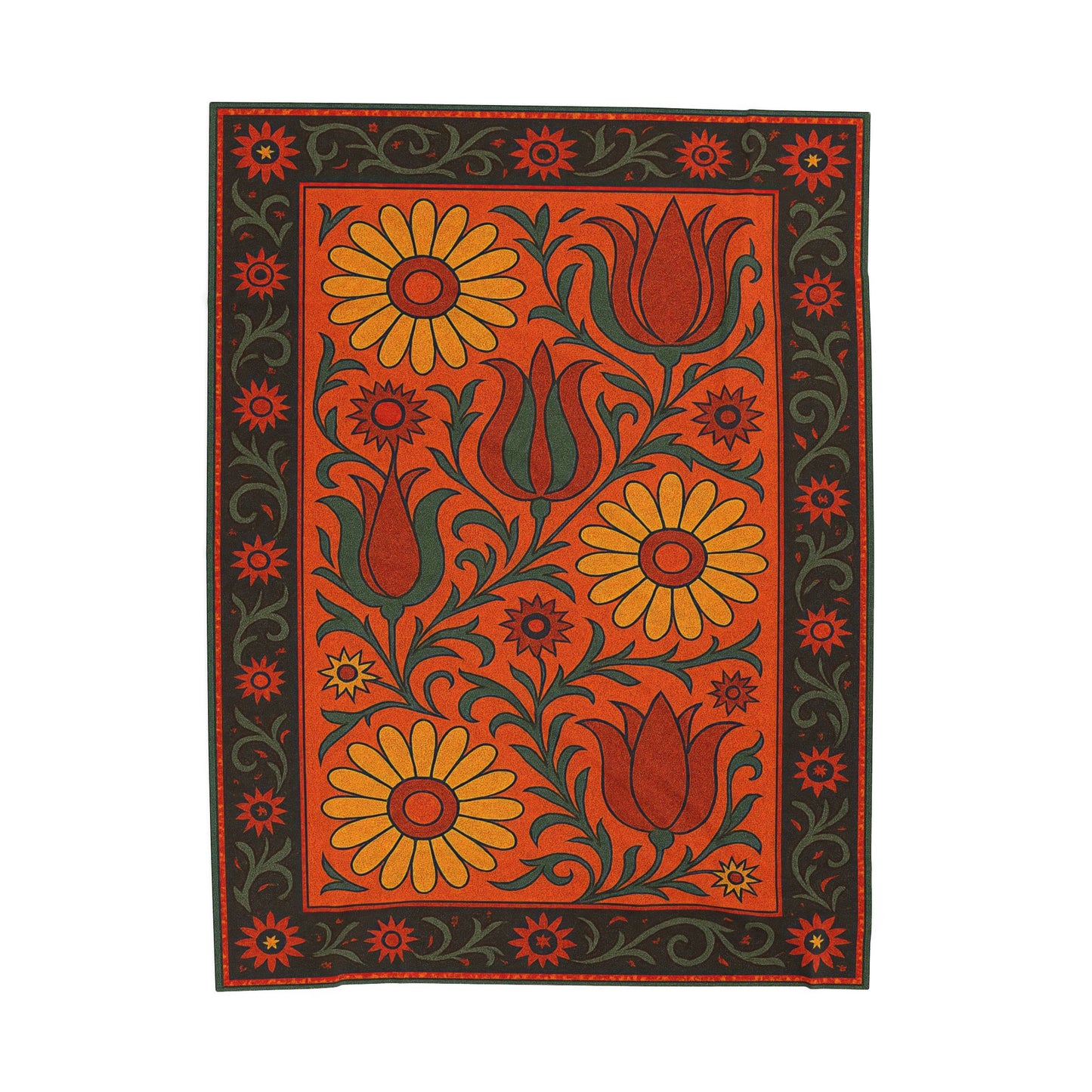 Floral Velveteen Plush Blanket With Yellow Daisies and Hot Red Tulips - Cosy Home Décor for Relaxation