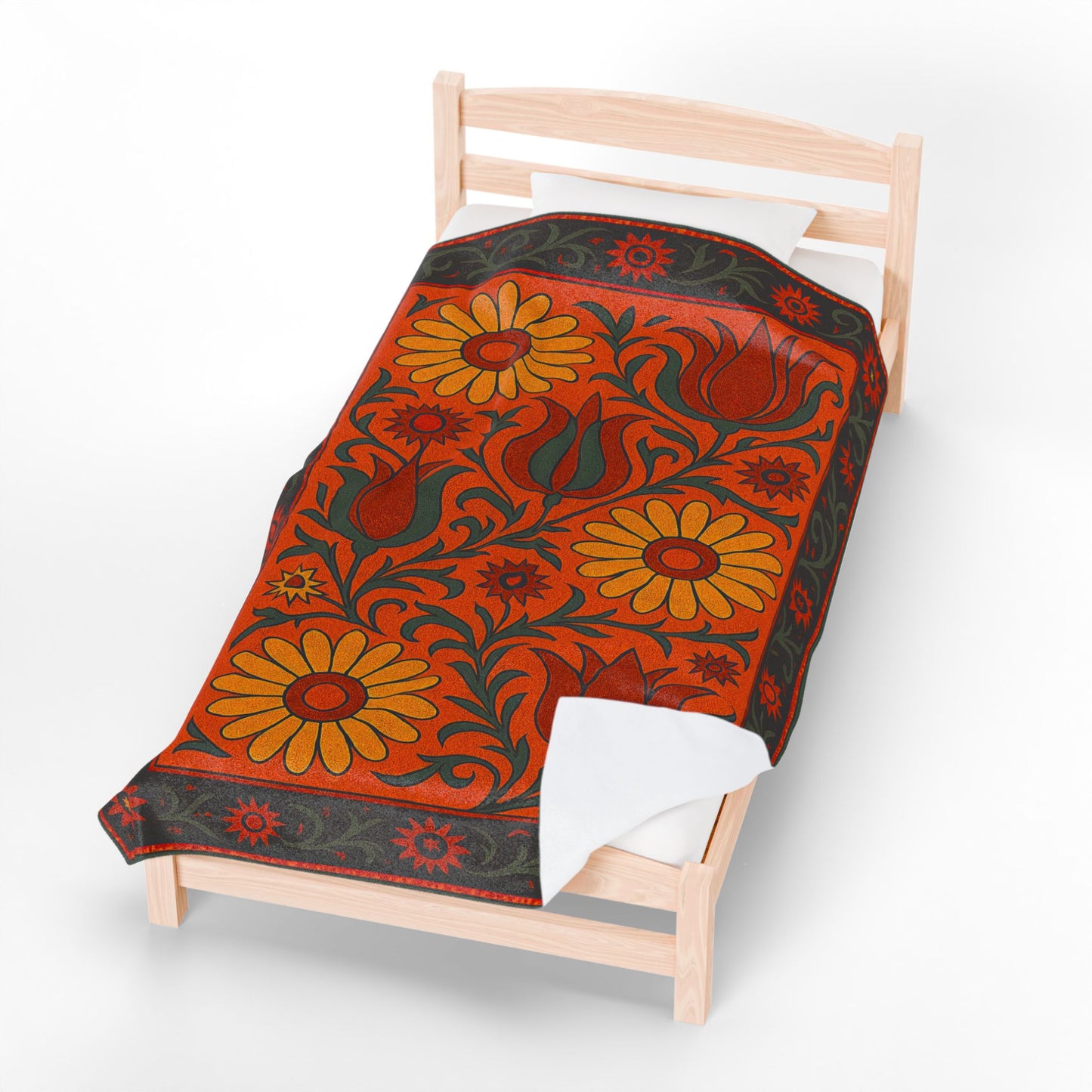 Floral Velveteen Plush Blanket With Yellow Daisies and Hot Red Tulips - Cosy Home Décor for Relaxation