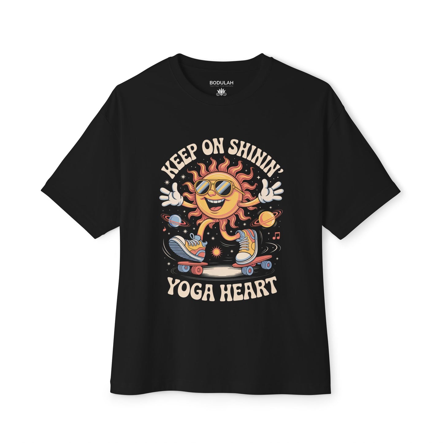 Keep On Shinin’ Yoga Heart Oversized T-Shirt – Retro Sun Skateboard Graphic, Unisex Boxy Tee