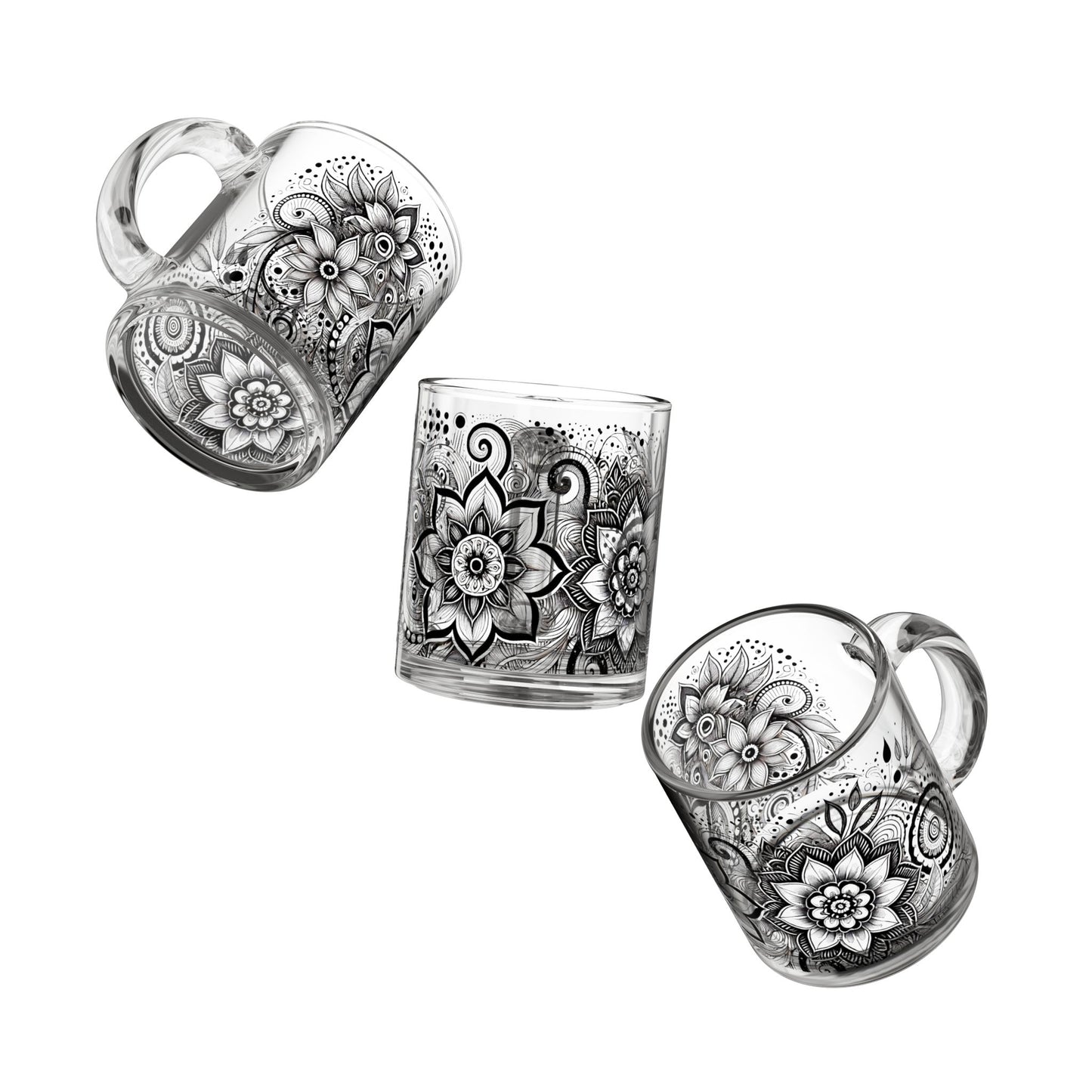 Ethereal Bloom – Black & White Glass Mug