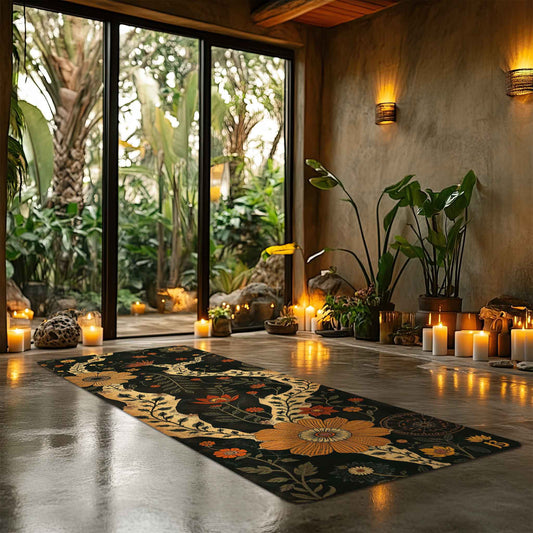 Secret Gardens 1 - Floral Yoga Mat for Mindful Practice Non-Slip Eco-Friendly Natural Rubber Vintage Botanical Style Black Red Terracotta