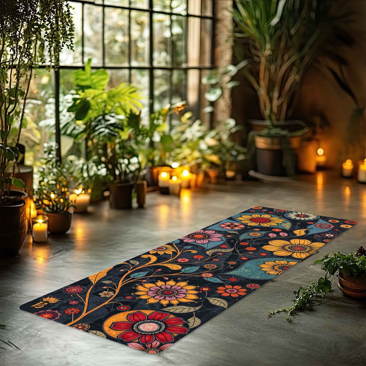 Secret Gardens 4 - Floral Yoga Mat for Mindful Practice With Multi Coloured Flowers - Non Slip Eco-Friendly Natural Rubber