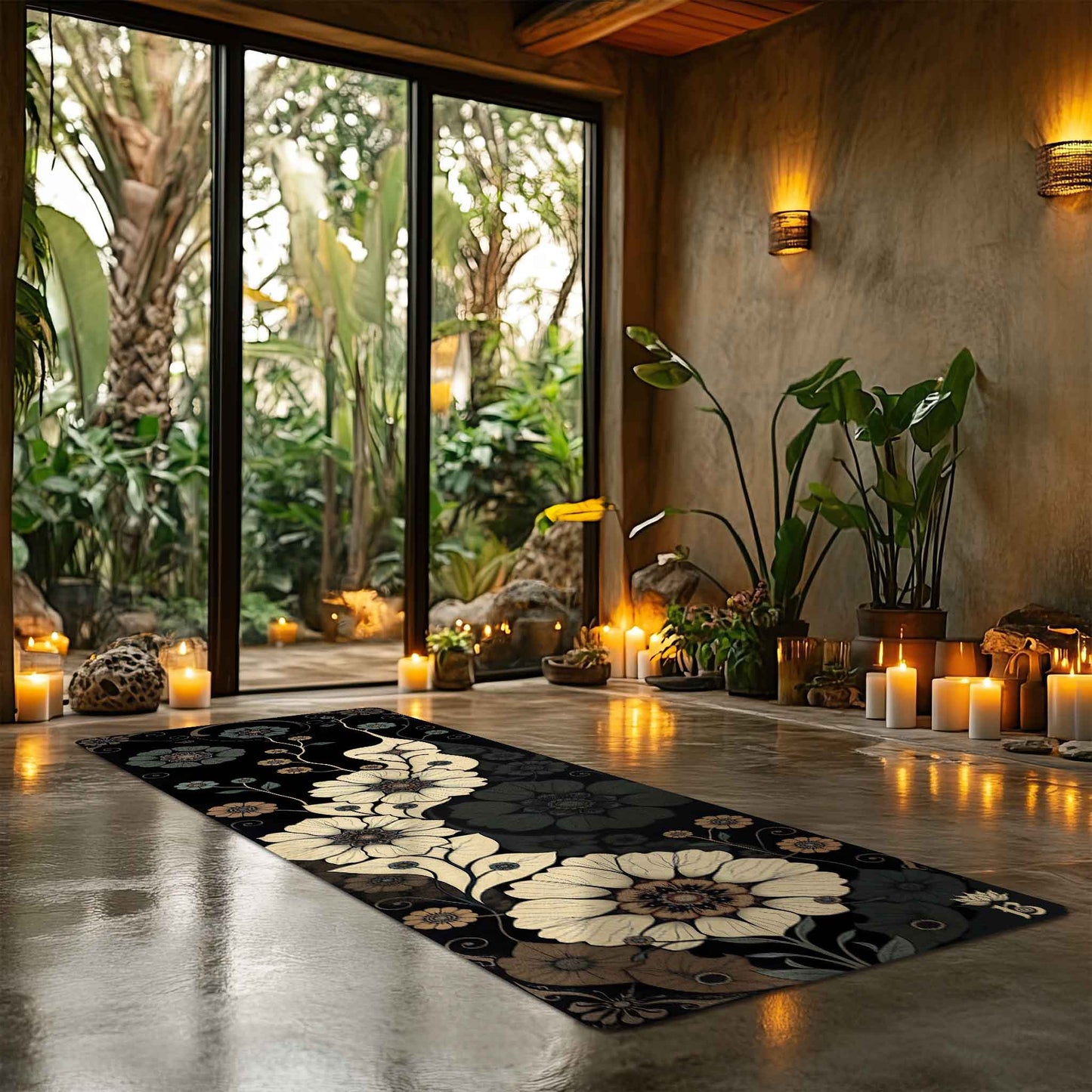 Secret Gardens 6 - Floral Yoga Mat for Mindful Practice White Flowers on a Black Background - Non-Slip Eco-Friendly Natural Rubber