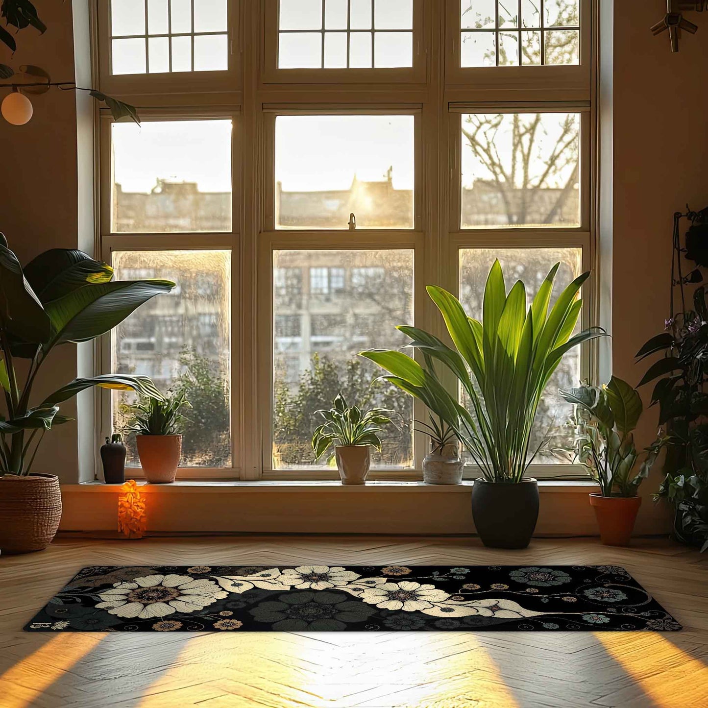 Secret Gardens 6 - Floral Yoga Mat for Mindful Practice White Flowers on a Black Background - Non-Slip Eco-Friendly Natural Rubber
