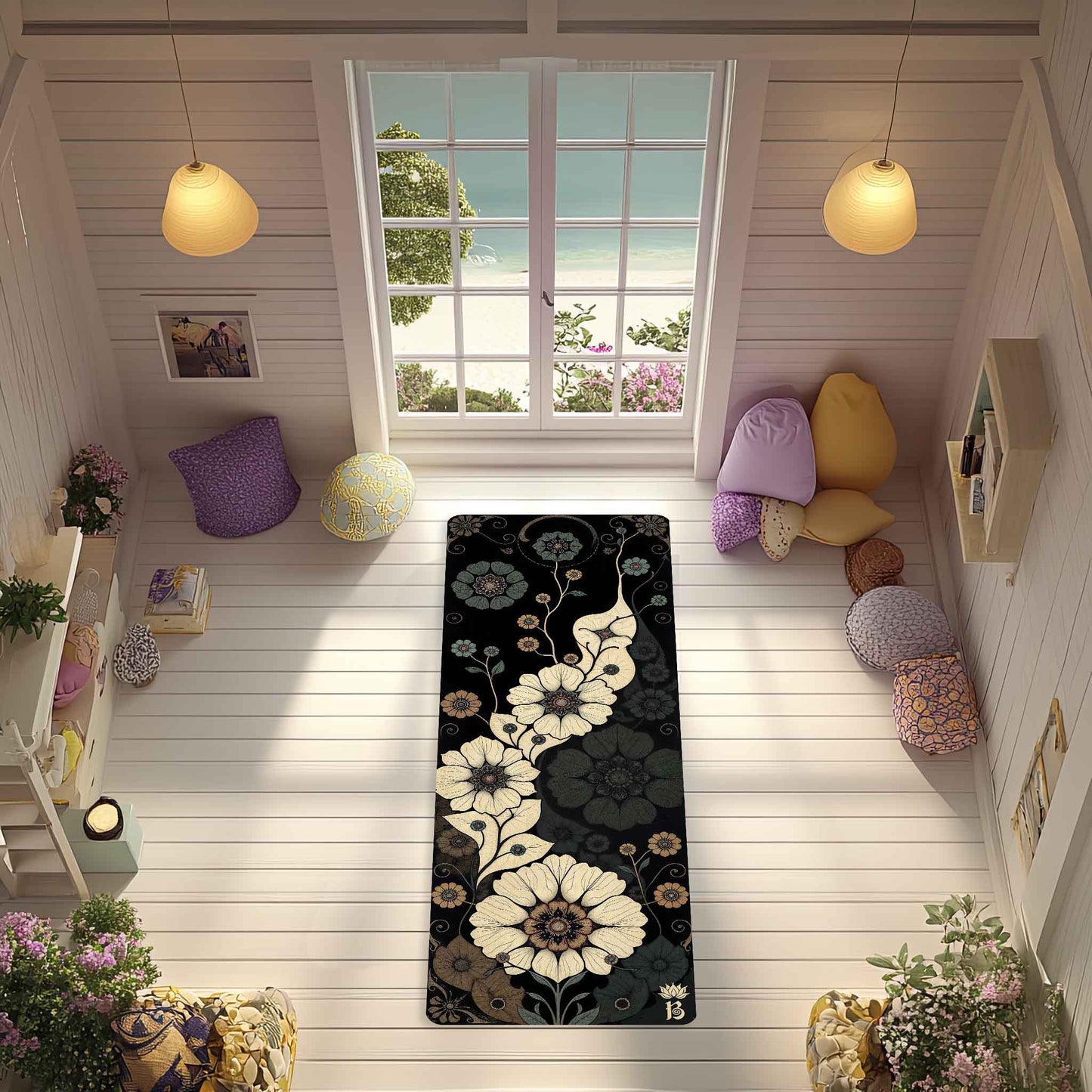 Secret Gardens 6 - Floral Yoga Mat for Mindful Practice White Flowers on a Black Background - Non-Slip Eco-Friendly Natural Rubber