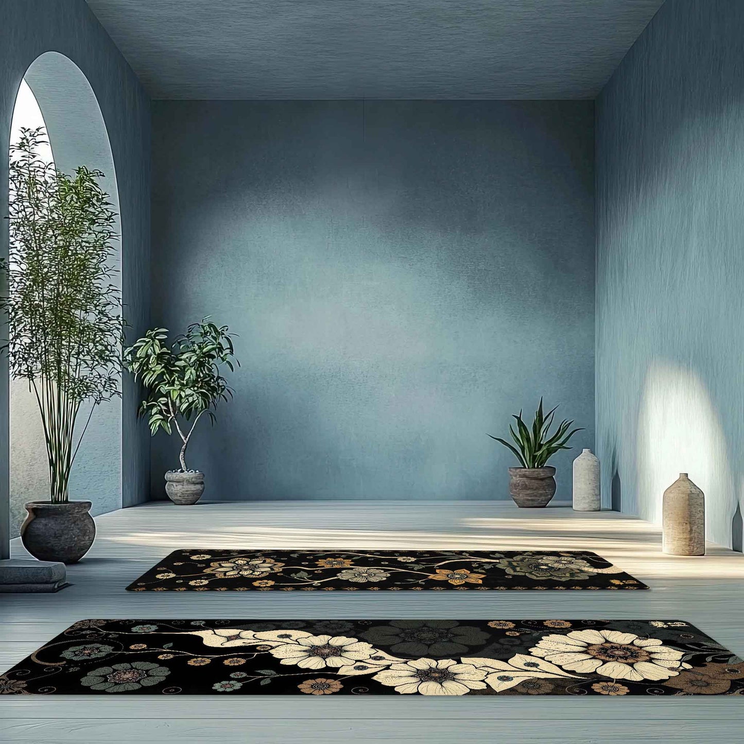 Secret Gardens 6 - Floral Yoga Mat for Mindful Practice White Flowers on a Black Background - Non-Slip Eco-Friendly Natural Rubber