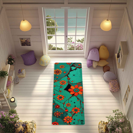 Secret Gardens 8 - Floral Yoga Mat for Mindful Practice With Orange Flowers on a Turquoise Background - Non-Slip Eco-Friendly Natural Rubber