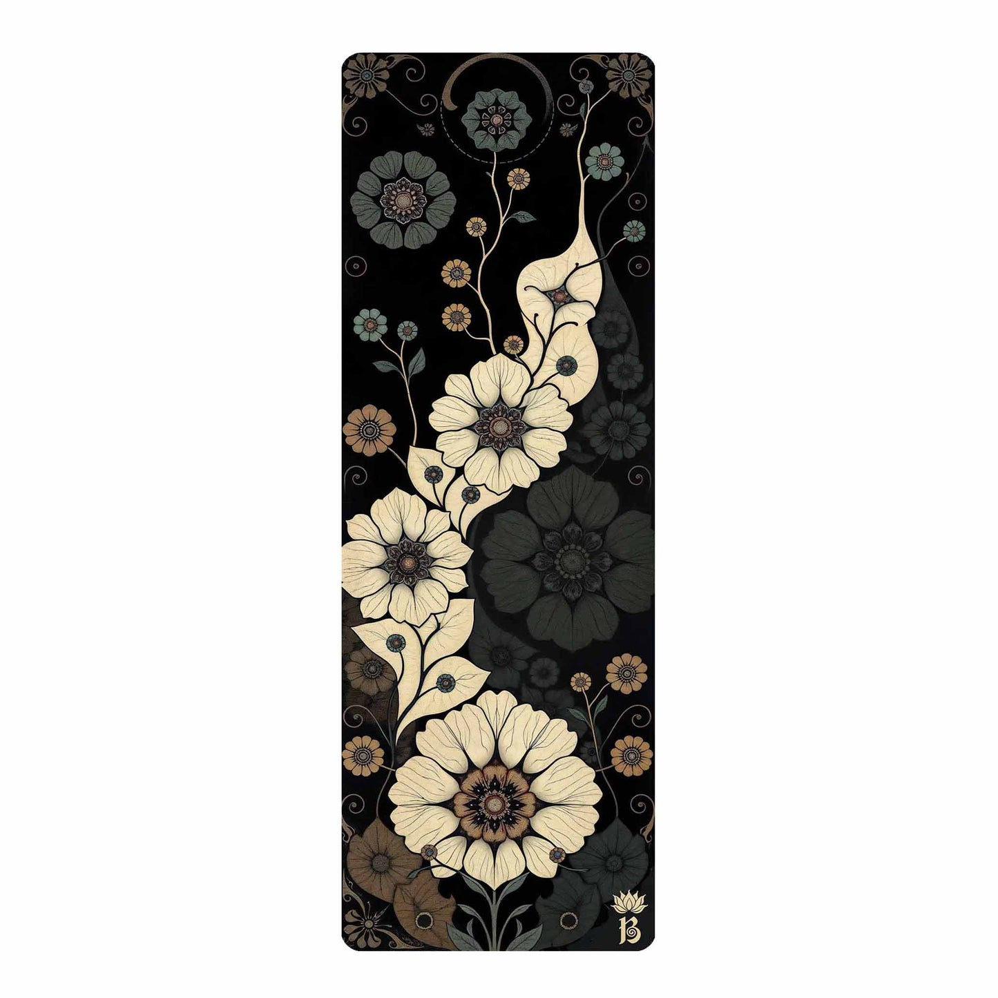 Secret Gardens 6 - Floral Yoga Mat for Mindful Practice White Flowers on a Black Background - Non-Slip Eco-Friendly Natural Rubber