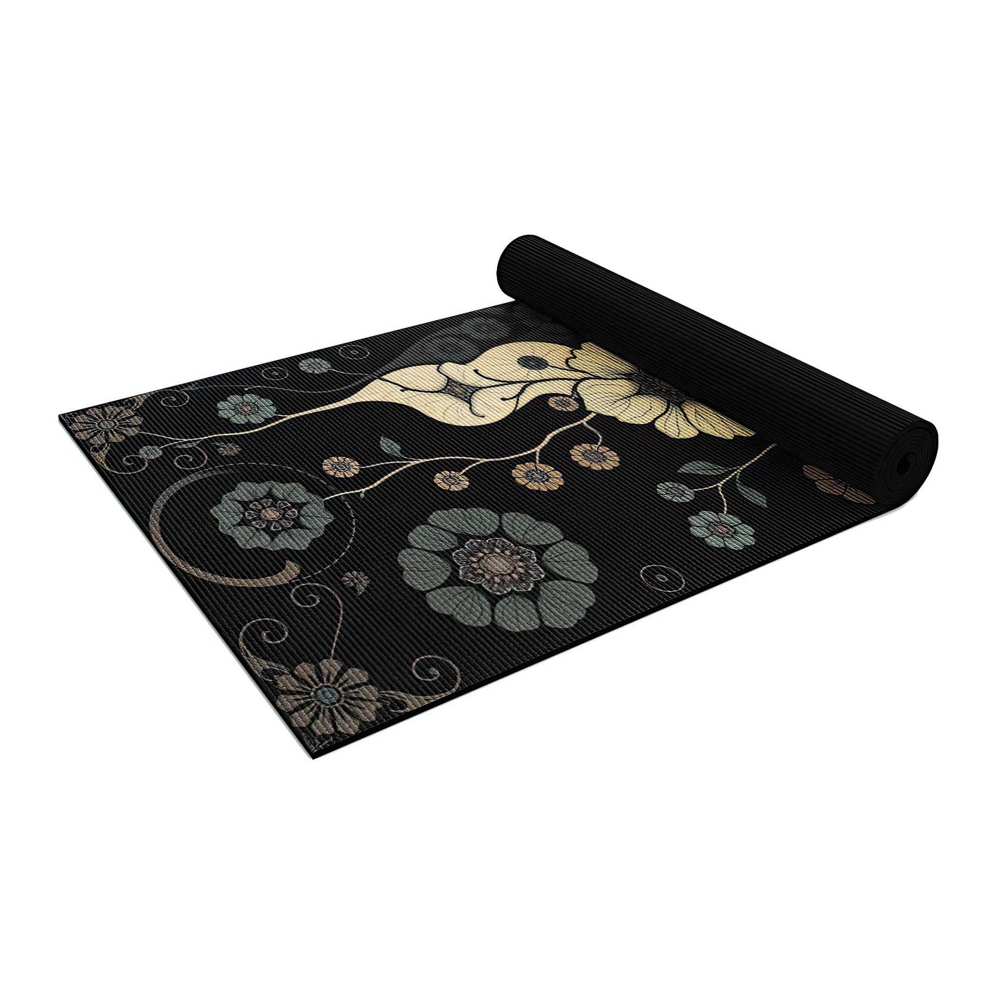 Secret Gardens 6 - Floral Yoga Mat for Mindful Practice White Flowers on a Black Background - Non-Slip Eco-Friendly Natural Rubber