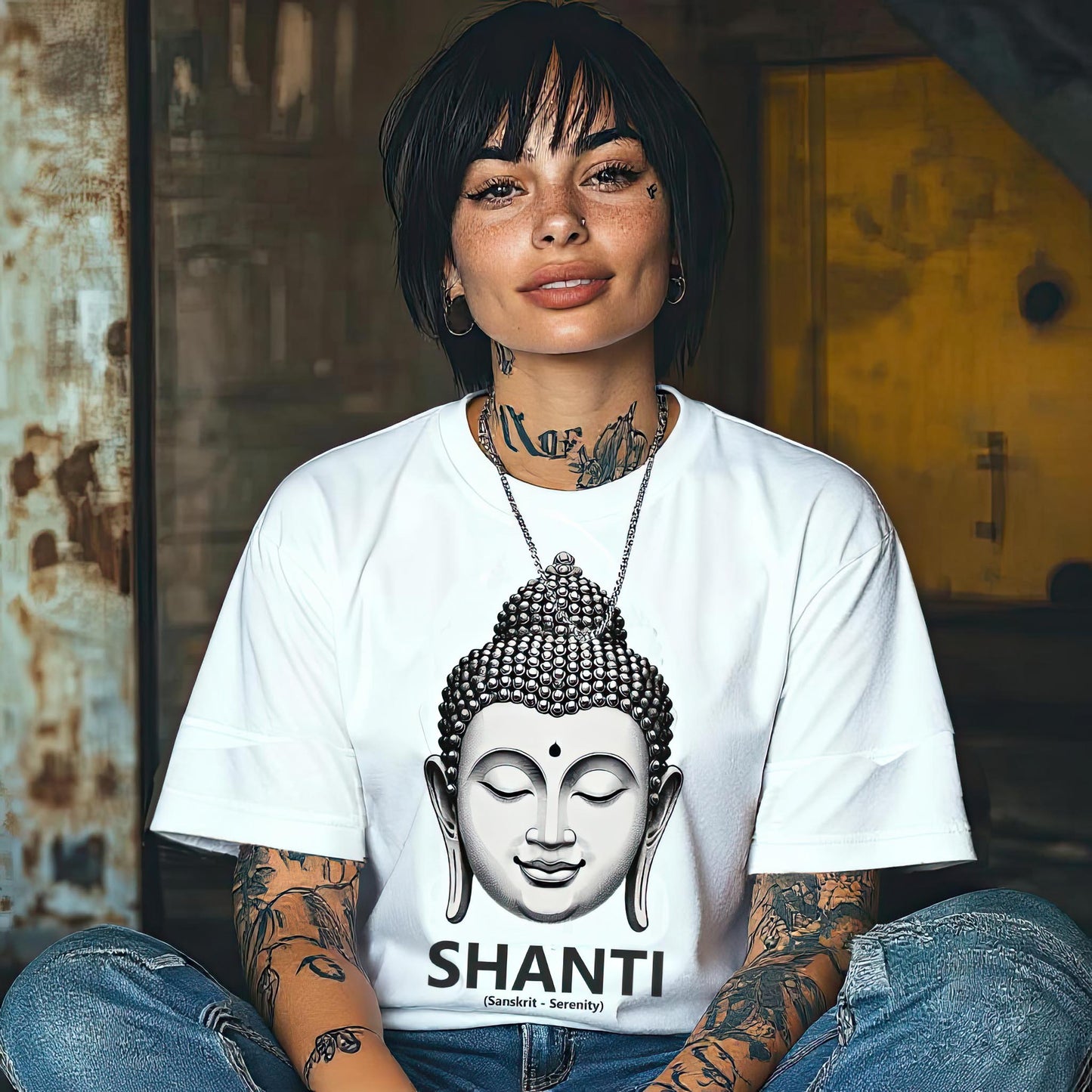 Buddha Serenity T-Shirt – Oversized boxy Tee with Buddha Head, Peaceful Yoga Clothing Premium Cotton