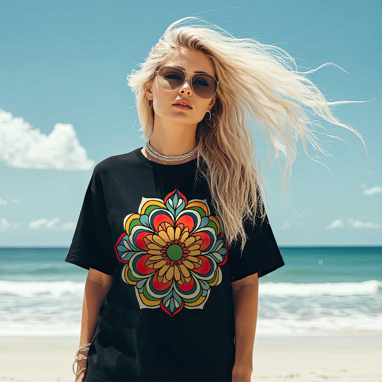Mandala Flower T-Shirt Oversized Yoga Tee for Balance, Energy & Beauty Sacred Geometry Boho Art Shirt