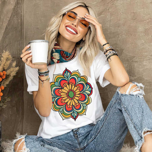 Mandala Flower T-Shirt Oversized Yoga Tee for Balance, Energy & Beauty Sacred Geometry Boho Art Shirt