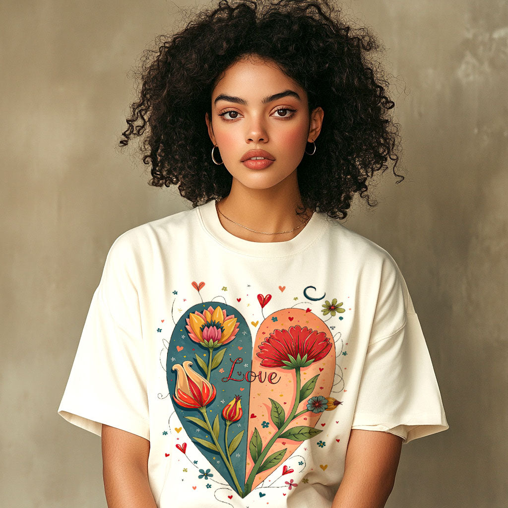 Boho Flower Heart T-Shirt - Bodulah Boxy Oversized Tee - Romantic Floral Art Shirt for Free Spirits & Nature Lovers