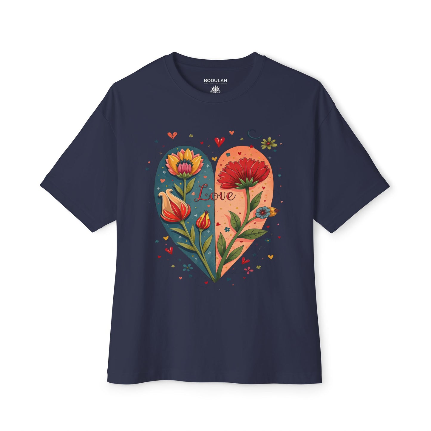Boho Flower Heart T-Shirt - Bodulah Boxy Oversized Tee - Romantic Floral Art Shirt for Free Spirits & Nature Lovers