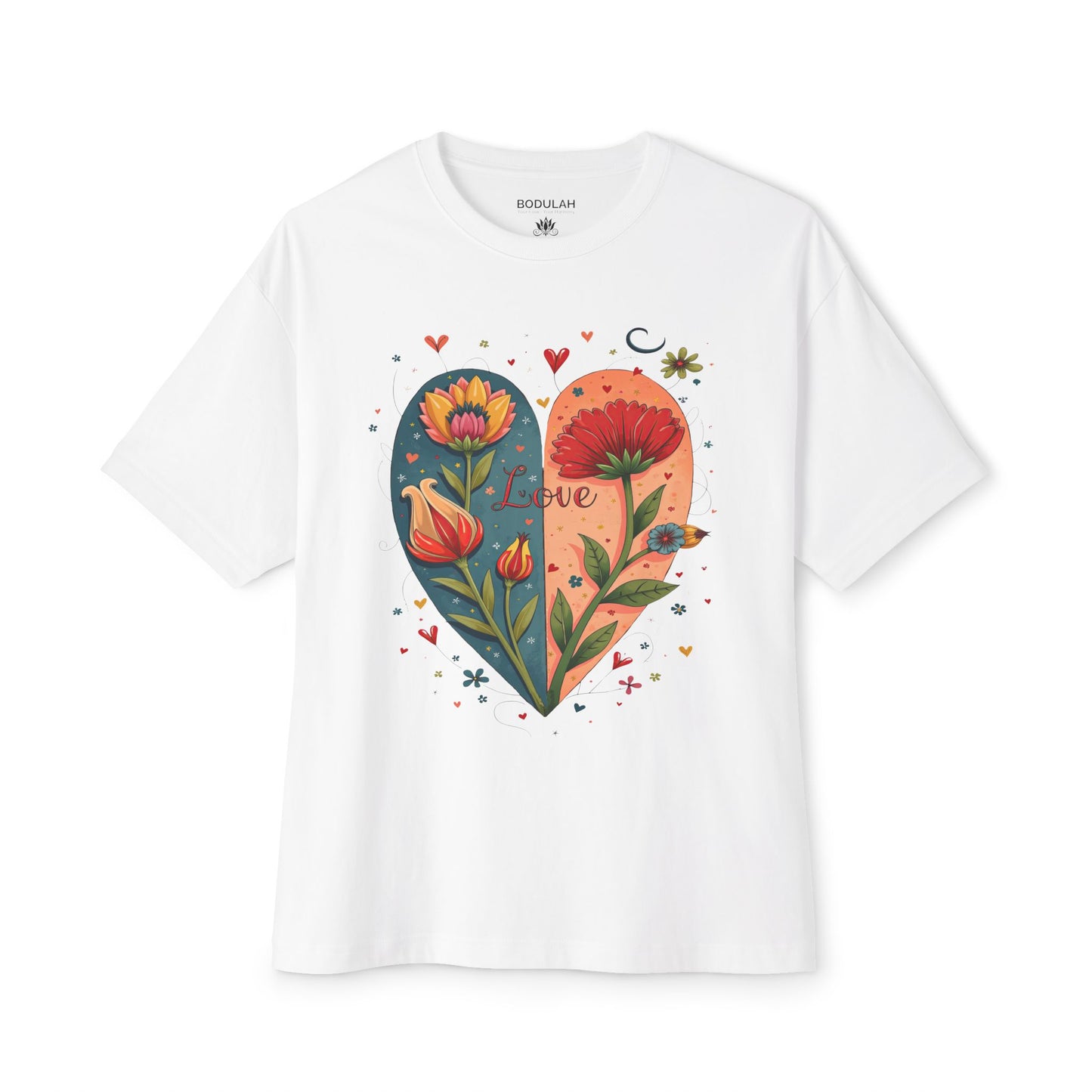 Boho Flower Heart T-Shirt - Bodulah Boxy Oversized Tee - Romantic Floral Art Shirt for Free Spirits & Nature Lovers
