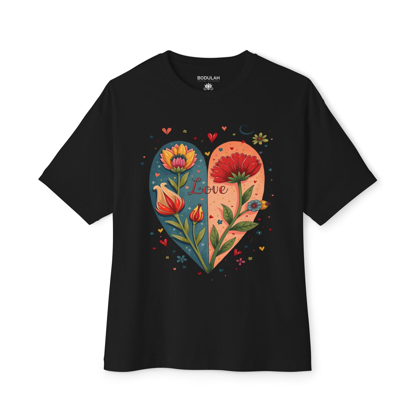 Boho Flower Heart T-Shirt - Bodulah Boxy Oversized Tee - Romantic Floral Art Shirt for Free Spirits & Nature Lovers