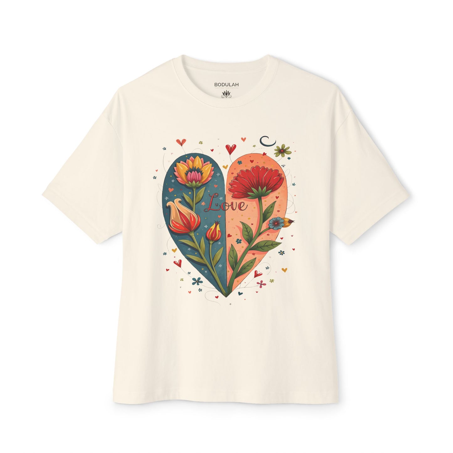 Boho Flower Heart T-Shirt - Bodulah Boxy Oversized Tee - Romantic Floral Art Shirt for Free Spirits & Nature Lovers