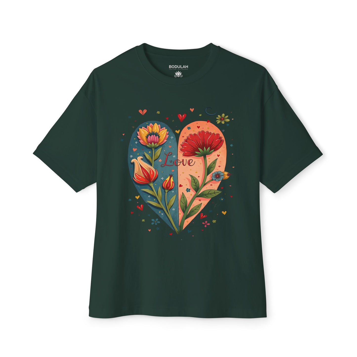 Boho Flower Heart T-Shirt - Bodulah Boxy Oversized Tee - Romantic Floral Art Shirt for Free Spirits & Nature Lovers