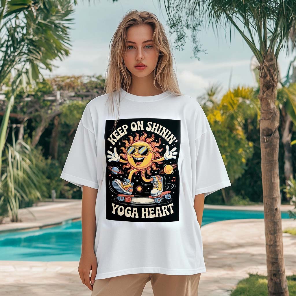 Keep On Shinin’ Yoga Heart Oversized T-Shirt – Retro Sun Skateboard Graphic, Unisex Boxy Tee