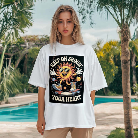 Keep On Shinin’ Yoga Heart Oversized T-Shirt – Retro Sun Skateboard Graphic, Unisex Boxy Tee
