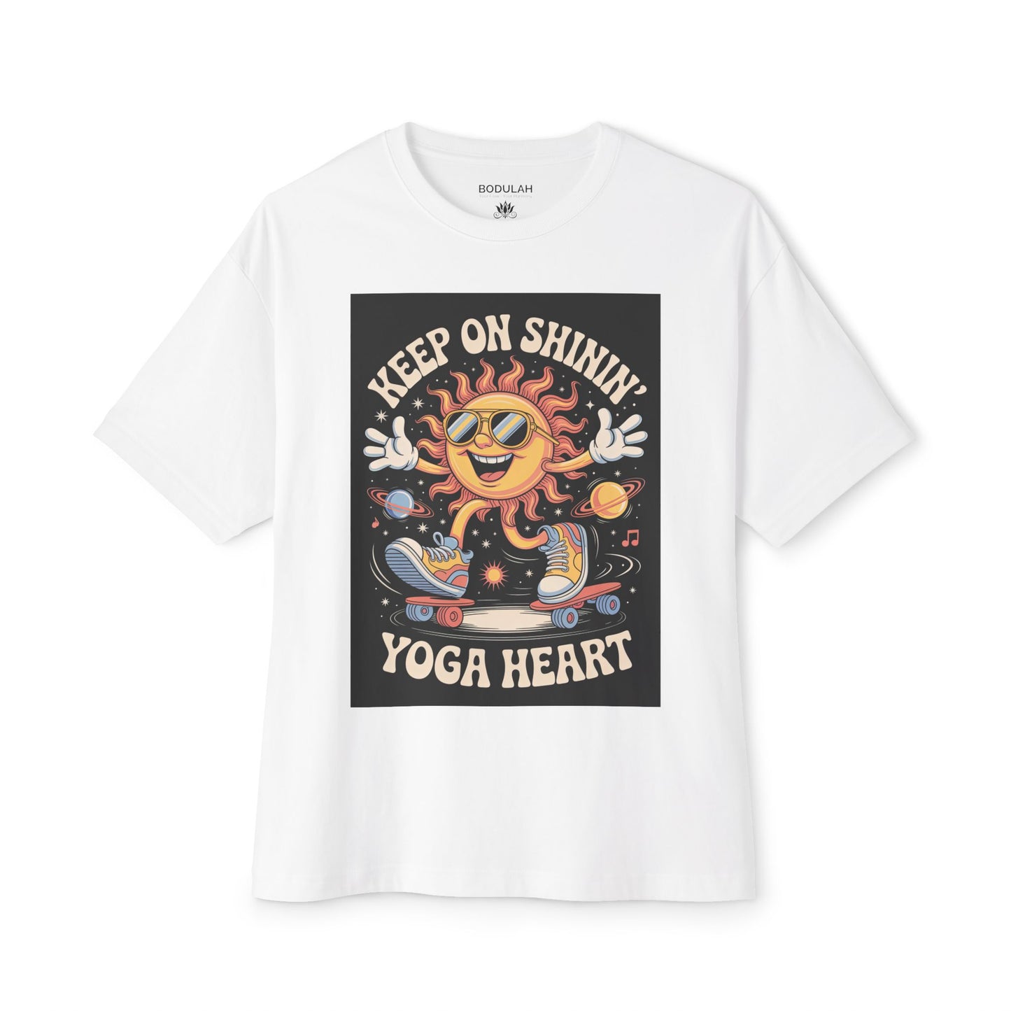 Keep On Shinin’ Yoga Heart Oversized T-Shirt – Retro Sun Skateboard Graphic, Unisex Boxy Tee