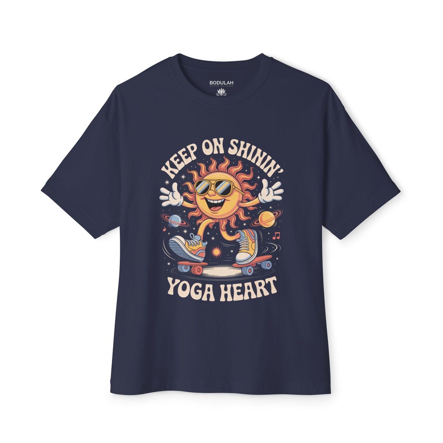 Keep On Shinin’ Yoga Heart Oversized T-Shirt – Retro Sun Skateboard Graphic, Unisex Boxy Tee