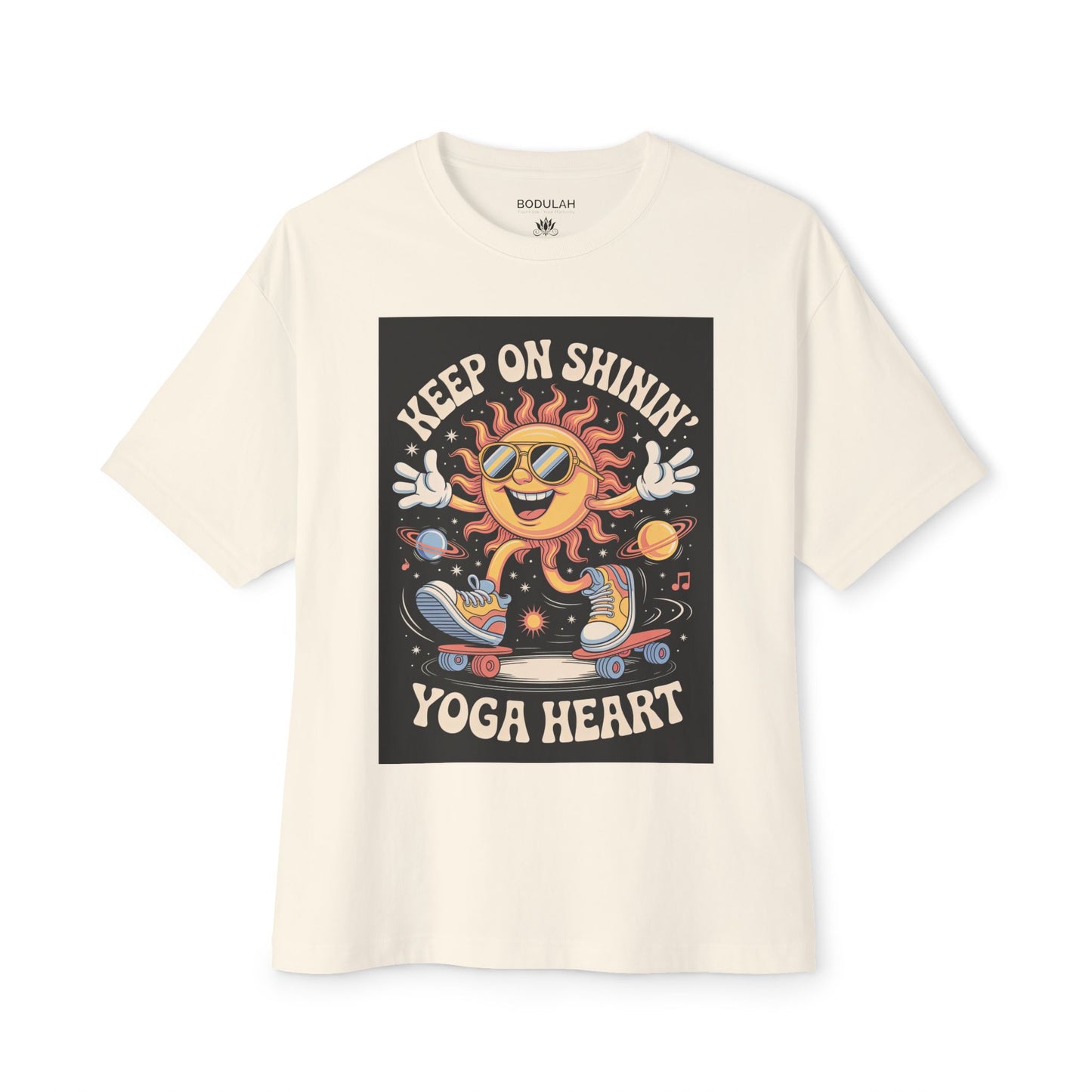 Keep On Shinin’ Yoga Heart Oversized T-Shirt – Retro Sun Skateboard Graphic, Unisex Boxy Tee