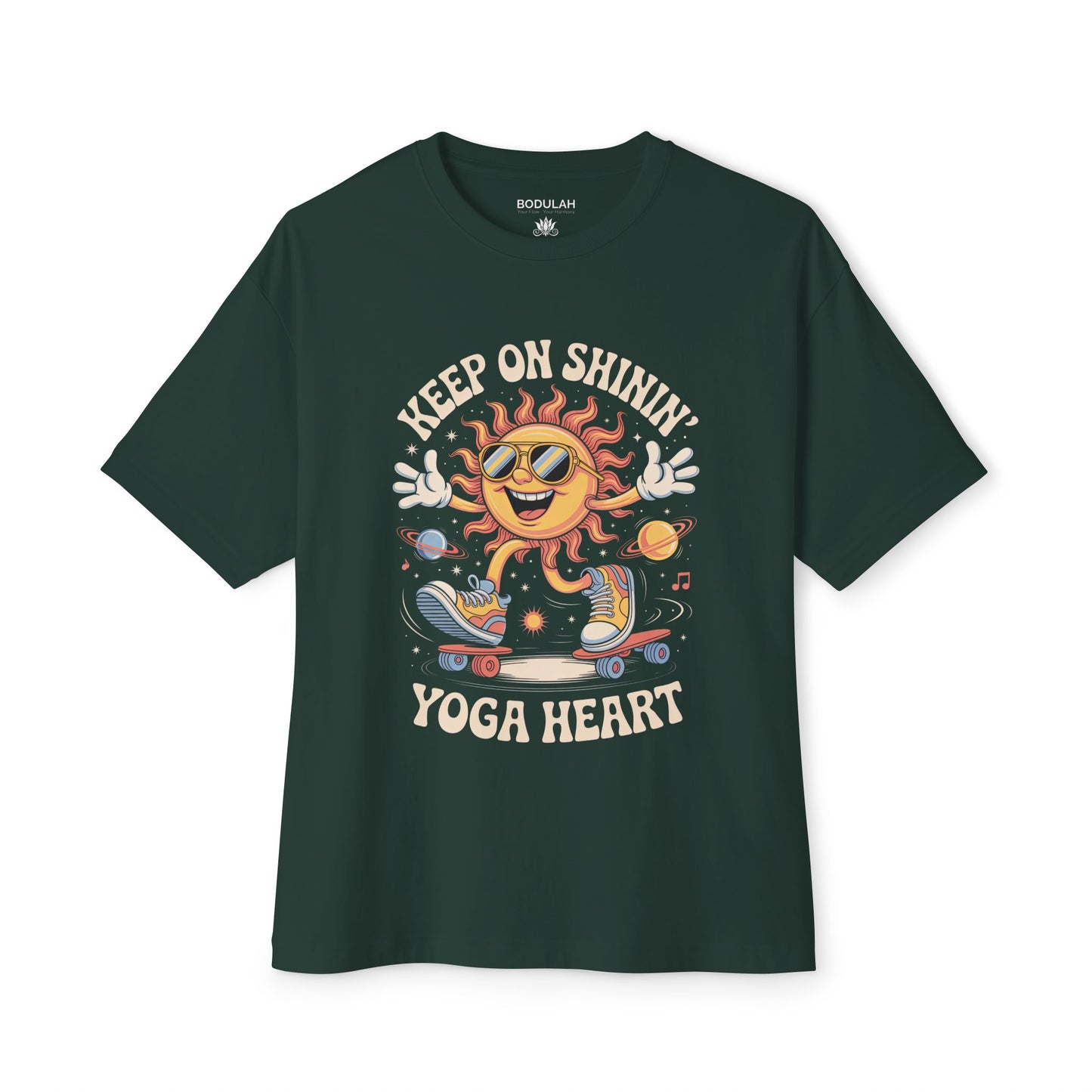 Keep On Shinin’ Yoga Heart Oversized T-Shirt – Retro Sun Skateboard Graphic, Unisex Boxy Tee