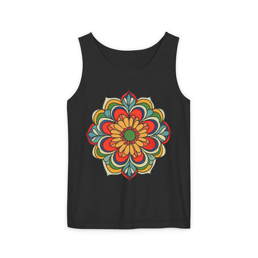 A black sleeveless tank top featuring a large, colorful mandala floral graphic printed on the center chest, displayed against a solid white background.