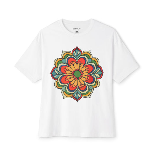 Mandala Flower T-Shirt Oversized Yoga Tee for Balance, Energy & Beauty Sacred Geometry Boho Art Shirt