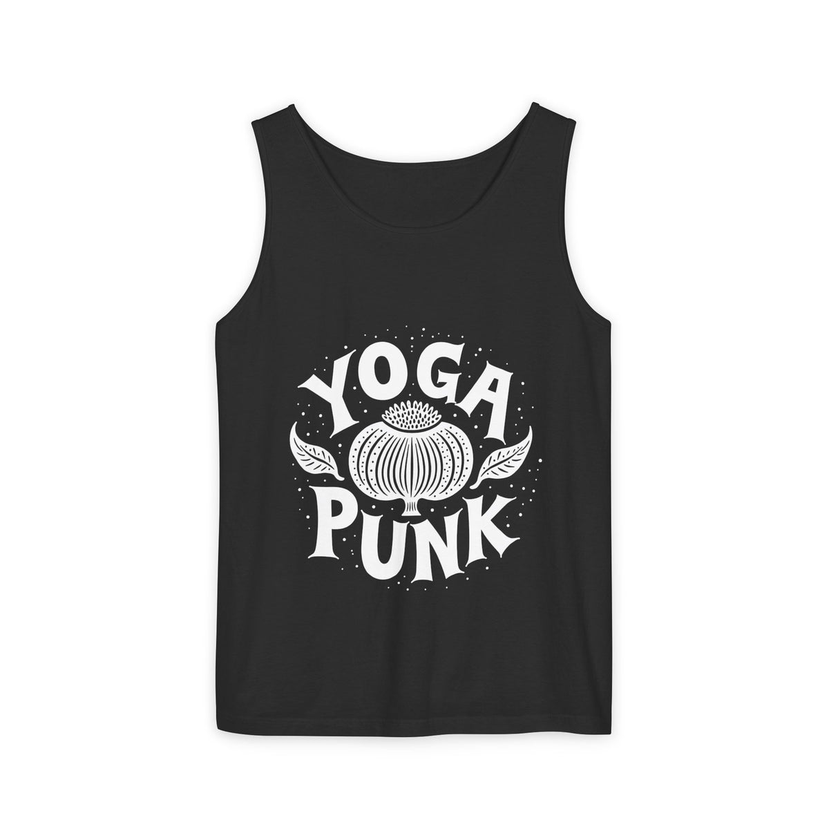 A black sleeveless tank top with a white graphic print reading 'YOGA PUNK' around a stylized flower, shown on a plain white background.