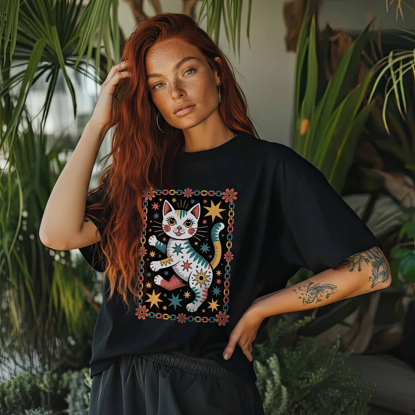 Cosmic Dancing Cat Oversized Boxy T-Shirt