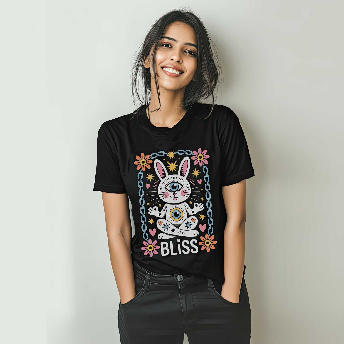 Yoga Bliss Bunny T-Shirt – Third Eye Cosmic Style