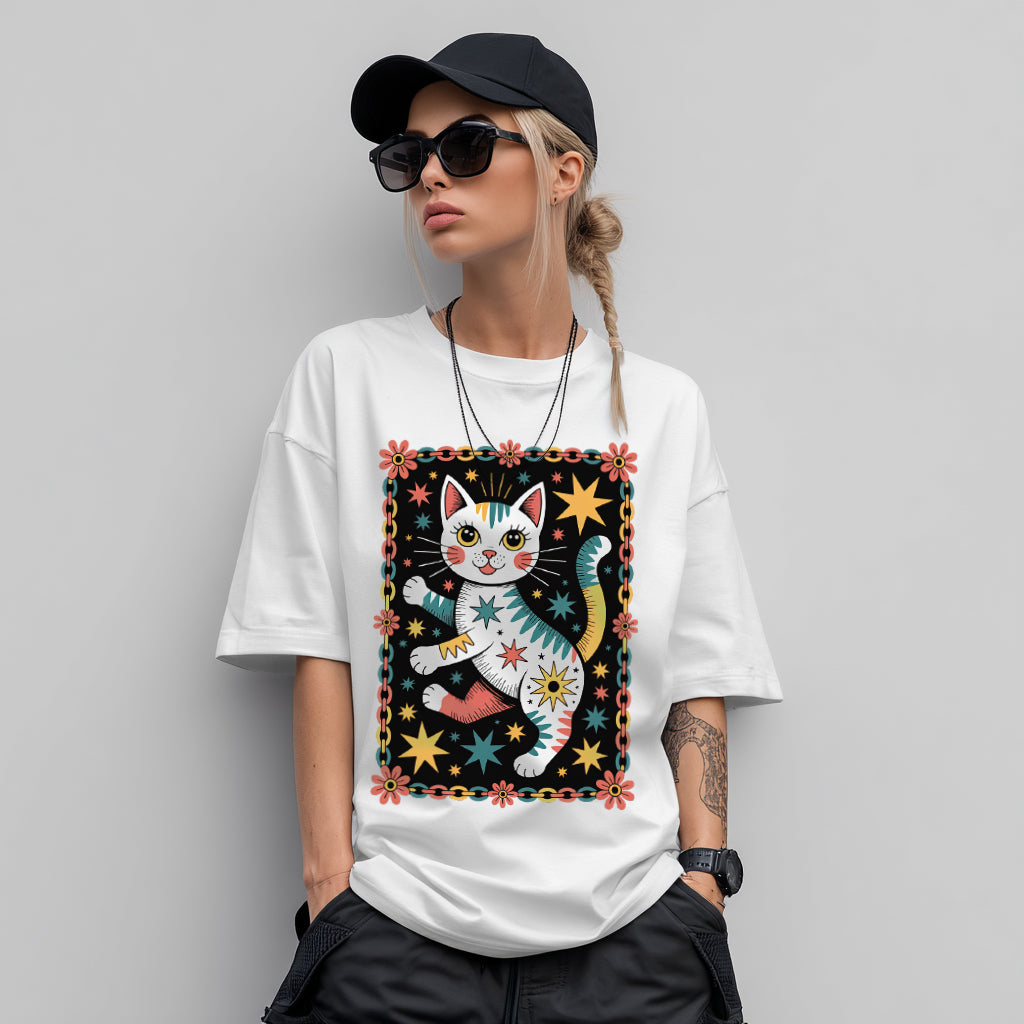 Cosmic Dancing Cat Oversized Boxy T-Shirt