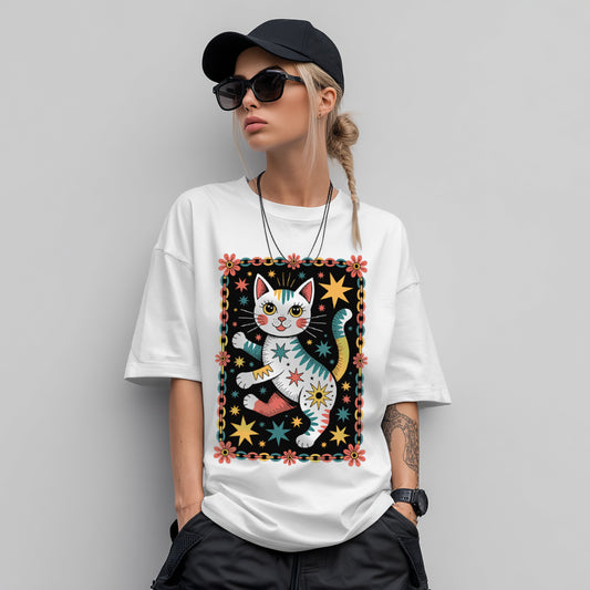 Cosmic Dancing Cat Oversized Boxy T-Shirt